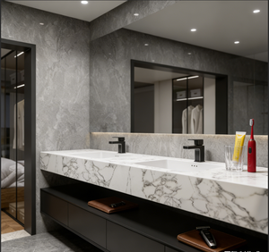 Armoire <span class=keywords><strong>de</strong></span> <span class=keywords><strong>salle</strong></span> <span class=keywords><strong>de</strong></span> <span class=keywords><strong>bain</strong></span> murale noire <span class=keywords><strong>avec</strong></span> double vasque, plan <span class=keywords><strong>de</strong></span> travail en marbre, tiroirs <span class=keywords><strong>de</strong></span> rangement, étagères ouvertes pour l'organisation <span class=keywords><strong>de</strong></span> la <span class=keywords><strong>salle</strong></span> <span class=keywords><strong>de</strong></span> <span class=keywords><strong>bain</strong></span> à domicile - Product Image 5