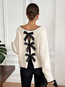 Maglione da <span class=keywords><strong>Donna</strong></span> Elegante, Casual, alla Moda, con Ampio Scollo Rotondo e Fiocco sul Retro, Pullover Lavorato a <span class=keywords><strong>Maglia</strong></span> - Product Image 3