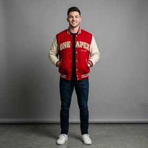 <b>Red</b> Cream Letterman Jacket <b>Wool</b> Body Leather Sleeves Rib Knit Collar Cuffs Snap Front Custom Logo Streetwear Outerwear Mens Coat - Product Image 1