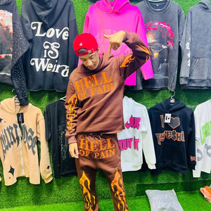 Conjunto de ropa de calle con parche bordado desgastado personalizado, pantalones de chándal lavados con ácido desteñidos por el sol para hombre, Sudadera con capucha de talla grande - Product Image 1