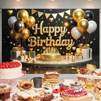 Bannière en polyester noir et or Joyeux Anniversaire, toile de fond pour ballons dorés et gâteaux, idéale pour les décorations de fête d'adultes
