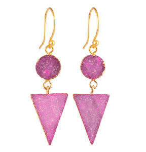 Boucles d'oreilles géométriques à deux niveaux naturel rose vif sucre agate druzy crochet d'oreille boucle d'oreille plaqué or 18 carats boucles d'oreilles d'approvisionnement en gros - Product Image 1