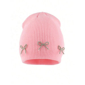 Black Breathable Waterproof 100% Acrylic Knitted Beanie Rhinestone Bow Decorations Unisex Punk Style Winter <b>Hat</b> Adult Size - Product Image 4