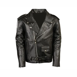 Blouson de moto d'hiver pour homme en cuir de vachette de qualité supérieure, personnalisé, avec techniques de broderie, col rond, réversible, coupe-vent, finition soignée - Product Image 1