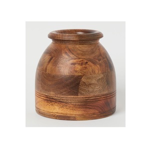 Vase à fleurs sculpté en bois de forme ronde avec pots de fleurs en bois d'acacia poli brillant pour décoration de table de bureau taille personnalisée - Product Image 5