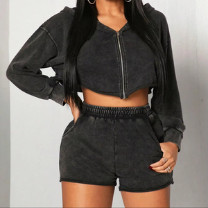 Outfit Crop Custom Logo Active Wear <b>Women</b> Loose Recycled Cotton Sweatshirt Female Workout Hoodies Shorts And Tracksuit Set - Product Image 2