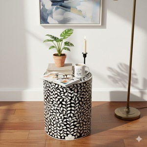 Mesa de Centro Redonda Moderna con Incrustaciones de Hueso Negro, Fabricada a Mano con MDF de Pino Premium, Mesa Decorativa para Sala de Estar - Product Image 4