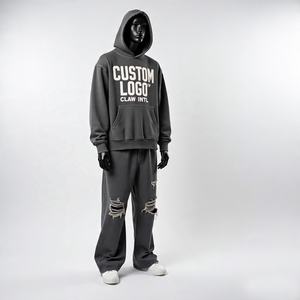 Logotipo personalizado 500gsm French Terry Boxy Sudadera con capucha Conjunto Sudadera Pantalones de chándal holgados Joggers Mujeres, Chándales Sudaderas con capucha de gran tamaño de las mujeres - Product Image 4