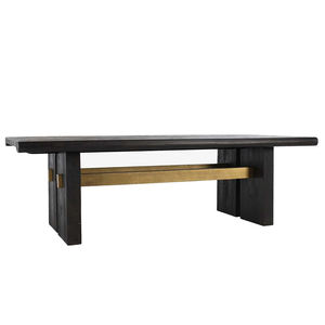 Table de salle à manger rectangulaire noire à motifs de graines uniques avec de vastes pieds de piédestal et centre de connexion finition dorée - Product Image 1