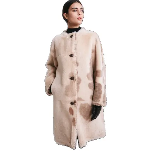 High quality handmade in Italy reversible genuine leather shearling long coat with buttons and leather belt for winter