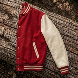 Custom <b>Red</b> Cream Leather Sleeve Jacket Vintage Bomber Letterman Streetwear Jacket OEM ODM Private Label Manufacturer USA - Product Image 4