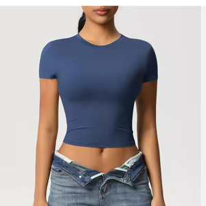 Tops cortos de algodón liso informales de verano para mujer, camiseta de manga corta de gran tamaño ajustada con logotipo personalizado, camiseta en blanco diseñada por Bangladesh - Product Image 2