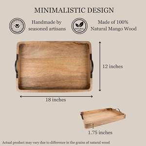 Table basse de salon rectangulaire, plateau à thé, plateau de service alimentaire, plateaux de service décoratifs en bois avec poignées en métal - Product Image 3