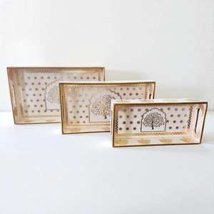 Set of Three Handcrafted Wooden MDF Serving Trays with Golden <b>Foil</b> Premium Quality Single Tier for Home <b>Kitchen</b> Living Room - Product Image 6