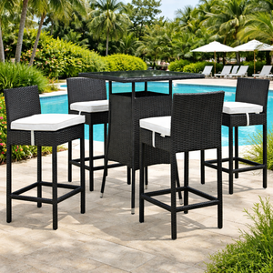 Ensemble de table de bar en rotin moderne pour l'extérieur, pour cour et hôtel, résistant aux intempéries, meubles de salle à manger en rotin, chaises de bar rembourrées - Product Image 2