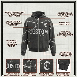 Sudadera con capucha unisex extragrande para hombre, estilo streetwear, con cremallera, lavado ácido, color negro, con estampado de alambre de púas y logotipo personalizado, OEM ODM - Product Image 5