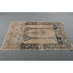 Vintage Turkish Accent Rug 3.4x5.6 ft, <b>Brown</b> Plants & trees Rug <b>Wool</b> - Product Image 3