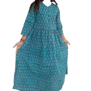 Bluish elegante estilo Anakali diseño Floral bloque de mano impreso transpirable Algodón puro verano ropa Casual una pieza Kurti botón - Product Image 1