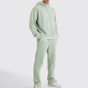 Conjunto de chándal de hombre de algodón 100% lavado ácido personalizado al por mayor sólido cuello con capucha cremallera frontal último chándal transpirable de invierno - Product Image 1