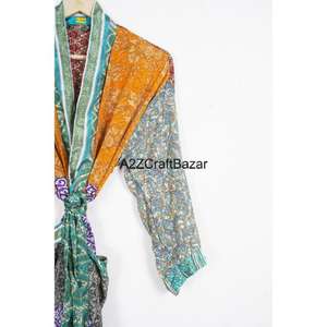 Indian Vintage Patchwork Silk V-neck <b>Robe</b>-Elegant Summer Beach Wear <b>Bridal</b>/Maternity Style Full Length Long Sleeves Quick Dry - Product Image 3