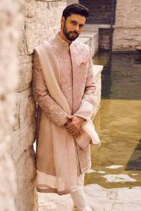 2024 BEAUTIFUL ZARI EMBROIDERY LIGHT PINK SHERWANI & PANT with MATCHING <b>SHOE</b> EMBELLISHED CRYSTAL GLASS BEADSDABKA <b>WORK</b> PLUS SIZE - Product Image 2