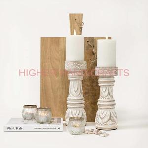Premium Quality <b>Medium</b> White Washed Wooden Candle Stand Engraved Christmas Candle Holders - Product Image 1