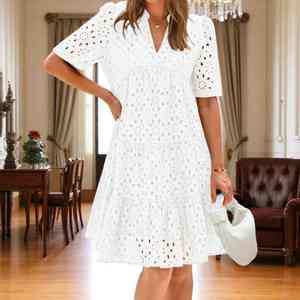 Robe de jour élégante en coton pour femmes, manches courtes, ligne A, taille naturelle, dentelle tissée, décoration, cadeau parfait - Product Image 2