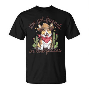T-shirt vintage western con stampa 'I've Got Friends in Low Places' e Corgi per articoli promozionali - Product Image 2