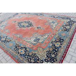 Tapis vintage 9,6x13,7 pieds, tapis turc surdimensionné, tapis en laine bleu rose à pois - Product Image 4