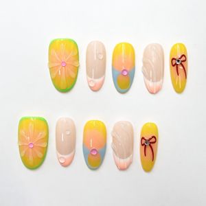 Luxury <b>Press</b>-<b>On</b> Coffin <b>Nails</b> Set Short Yellow Flower Design Resin False <b>Nails</b> For Women Girls Salon Style - Product Image 1