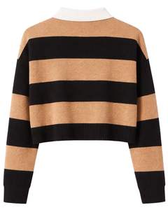 Suéter Polo Corto a Rayas Marrón y Negro Personalizado para Mujer, Suéter de Punto Suave de Manga Larga con Cierre de Botones, Top Informal de Invierno - Product Image 2