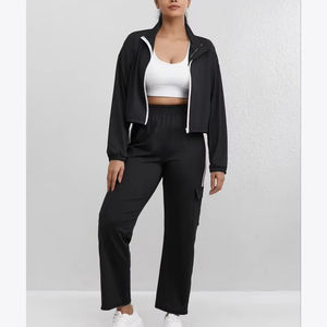 Custom Zipper Crop Hoodies and <b>Joggers</b> <b>Women</b> Solid Long Sleeve Oversize <b>Women's</b> Tracksuit - Product Image 2