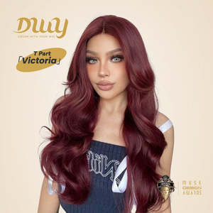Victoria-DWY Burgundy Curly Synthetic <b>Wig</b> with Light <b>Brown</b> Lace Front Middle Part - Product Image 1
