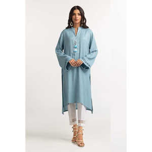 Camisa Azul Teñida con Adornos Vintage para Mujer, Talla XL, Algodón y Seda, Casual, con Borlas y Botones Bordados, para Otoño y Primavera - Product Image 1