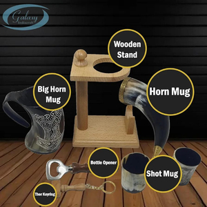 Vaso de cerveza de cuerno de buey inspirado en Viking 100% jarra sin fugas cerveza vino chupito abrebotellas hecho a mano soporte de madera Natural COMBO - Product Image 3