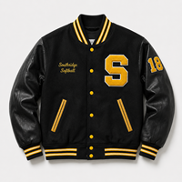 Jaket Varsity Wol Hitam Kustom Pria Lengan Kulit Tekstur 3D Jaket Letterman Bordir Chenille Jaket Baseball Pabrik OEM