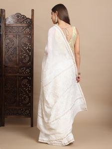 ผ้าไหมชานเดรีคุณภาพสูง ปักมือแบบดั้งเดิม ไม่ยับง่าย เหมาะสำหรับงานแต่งงานและงานเลี้ยง  งานปักชิคันการีด้วยดิ้นทอง สำหรับผู้หญิง - Product Image 5