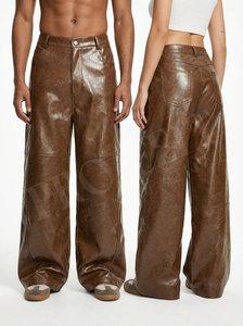Pro Felt Custom Clothing High Waist Wide Leg PU Leather <b>Pants</b> <b>Loose</b> Fit Streetwear Women Fashion Casual Baggy Leather <b>Pants</b> - Product Image 4