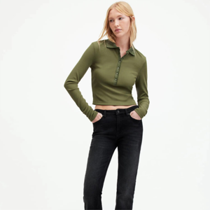 Women's Olive <b>Green</b> Polo Neck <b>Long</b> <b>Sleeve</b> <b>Crop</b> <b>Top</b> Slim Fit Solid Color Casual Knitted Shirt - Product Image 1