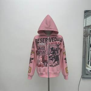 Sweat à capuche zippé pour homme Orange, style streetwear, avec imprimé graphique et détails en strass, coupe oversize, matière polaire - Product Image 2