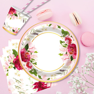 Ensemble de vaisselle jetable pour mariage, bannière en papier fleuri, nappe, assiettes, gobelets, couverts de style jardin pour réception - Product Image 3