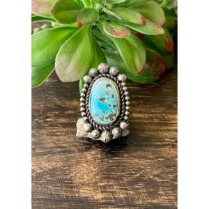 Anillo Boho de Algodón Damian con Turquesa de Montaña y Engaste de <span class=keywords><strong>Plata</strong></span> Esterlina, Piedra Lisa Tallada, para Uso Diario, Talla 7.75 - Product Image 1
