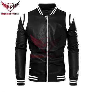 Chaqueta Varsity de Cuero Genuino para Hombre, Chaqueta Bomber de Béisbol Negra y Blanca con Cierre, Ropa Exterior Casual de Cuero - Product Image 2