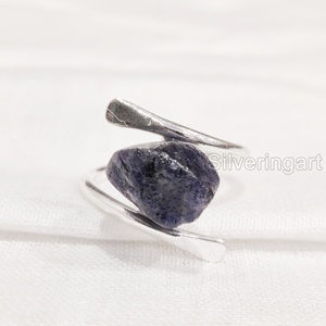 Joyería de piedra en bruto, anillo para mujer, zafiro azul crudo Natural, piedra preciosa, piedra de nacimiento de septiembre, anillo de banda cruzada, anillo de Plata de Ley 925 - Product Image 3