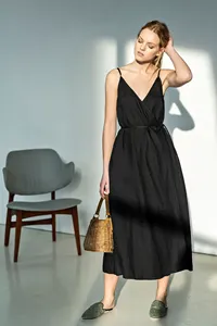 2025 negro bohemio Maxi vestido para mujer sin mangas hasta el tobillo vacaciones de verano Casual tejido algodón Lino liso teñido sólido - Product Image 5
