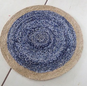 Modern Floral Denim Round <b>Rug</b> with Jute Border Eco-Friendly <b>Anti</b>-<b>Slip</b> Machine Braided Flat Pile Carpet - Product Image 1
