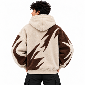 Custom <b>Sherpa</b> Fleece <b>Hoodie</b> <b>Men's</b> Beige Brown Color Block Oversized Pullover Streetwear Jacket OEM Private Label Wholesale - Product Image 2