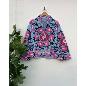 Hand Stitched Floral Suzani Embroidery Reversible Spring <b>Jacket</b> <b>Kantha</b> Quilt Fabric Cotton Fringed Varsity Outerwear Single - Product Image 1