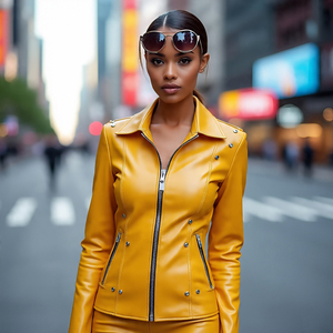 Haute en cuir véritable matelassé tricoté Slim Fit col montant dégradé couleur moto Style dames mode mi-poids cuir - Product Image 2