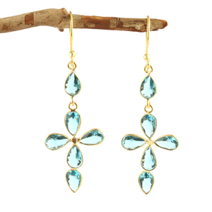 Custom Jewelry Dainty Pear Shape Gemstone <b>Earrings</b> swiss Blue Quartz Bezel Setting <b>Drops</b> Brass <b>Gold</b> Plated Multi Stones <b>Earrings</b> - Product Image 1